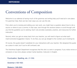 This is a screenshot of the Conventions of Composition homepage on the Hotchkiss School's website.